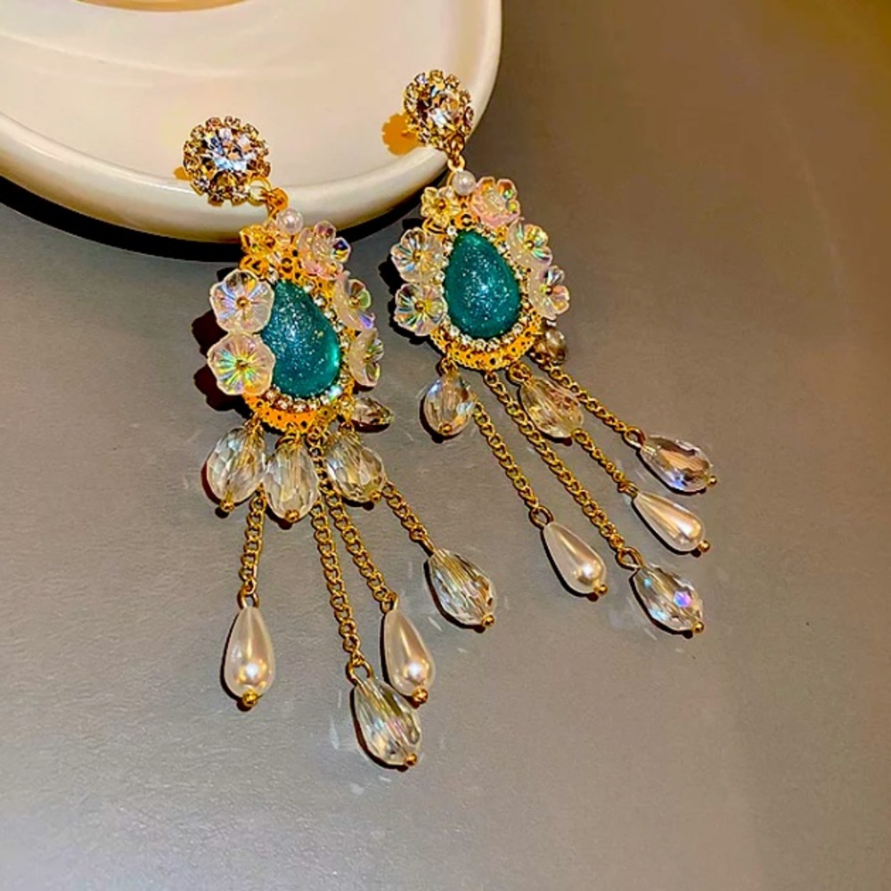 🌟 Big Flower Blue Drop Earrings Crystals